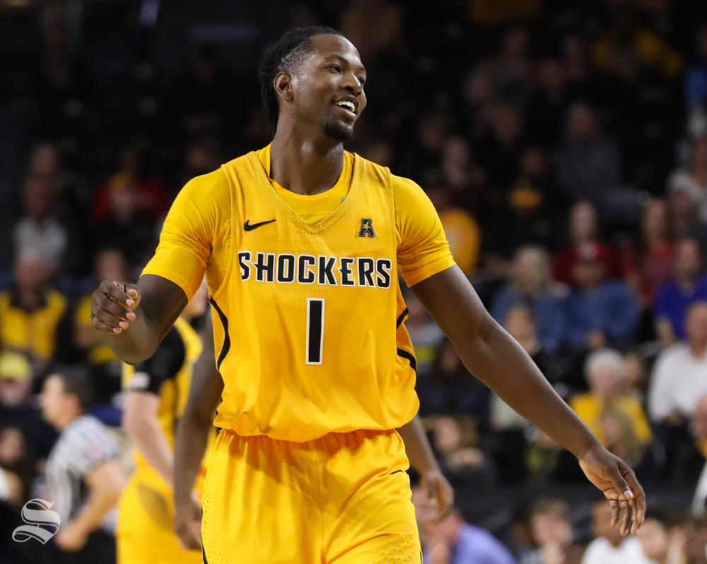 Wichita State Shockers forward Zach Brown smiles after scoring against Newman during the charity exhibition game in Koch Arena.