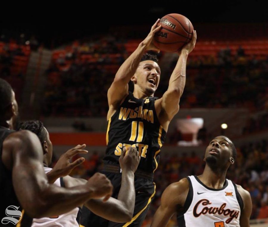 Landry Shamet drives to the basket against Oklahoma State. Shamet scored a career-high 30 points as Wichita State won in Stillwater, Oklahoma, for the first time in 60 years. 