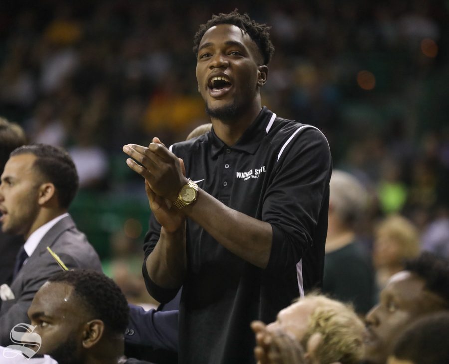 Wichita State forward Markis McDuffie cheers his team from the bench Saturday against Baylor.