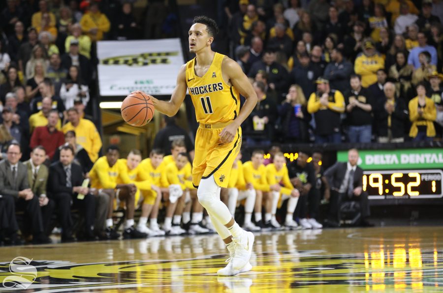 Wichita+State+guard+Landry+Shamet+dribbles+down+the+court+against+the+South+Dakota+State+Tuesday+in+Koch+Arena.