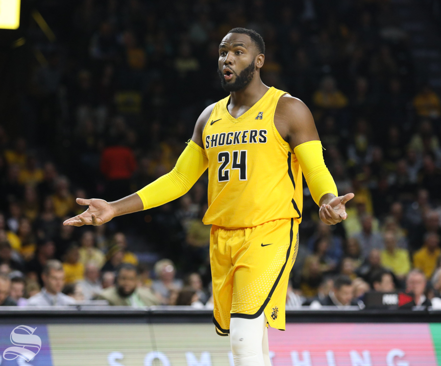 Wichita State center Shaquille Morris gestures at a teammate against the South Dakota State Tuesday in Koch Arena.