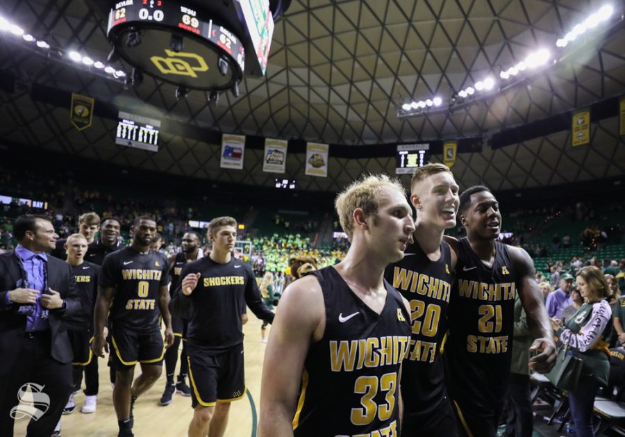 Wichita State guard Conner Frankamp, Wichita State center Rauno Nurger and Wichita State forward Darral Willis Jr. walk out after beating Baylor 69 - 62 in Ferrel Center, in Waco, Texas.
