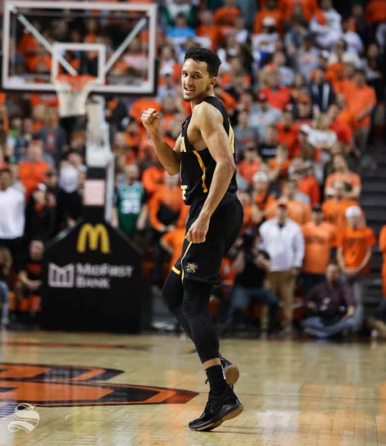 Wichita State guard Landry Shamet celebrates after Wichita State guard Austin Reaves hits a three point basket against Oklahoma State Cowboys in Gallagher-Iba Arena on Saturday.