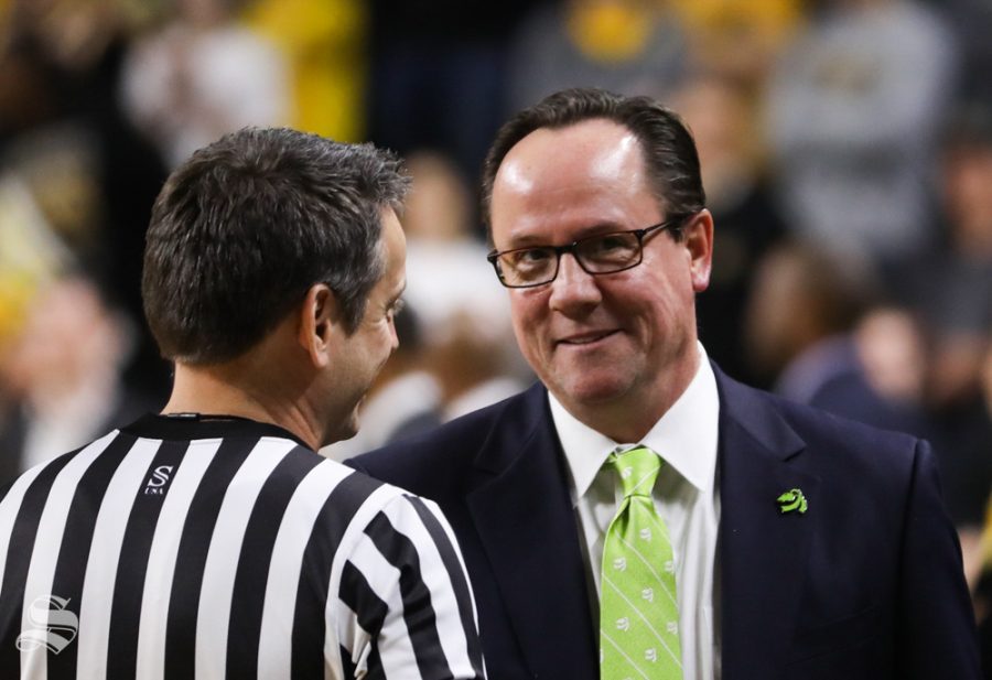 Wichita State head coach Gregg Marshall talks to a ref before the game against the UCF Knights at Koch Arena.
