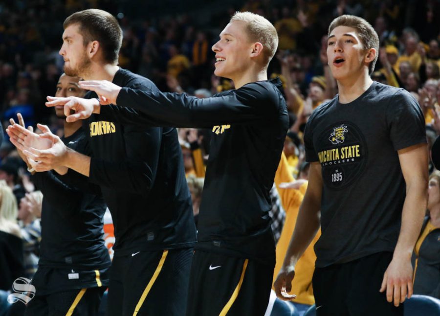 Wichita State Shockers bench reacts to a three point basket made by Wichita State guard Conner Frankamp  during the second half in Reynolds Center.