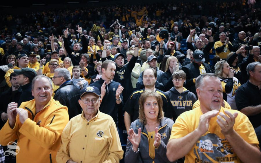 Wichita State Shockers fans cheer after the 72 – 69 victory against the Tulsa Golden Hurricane in Reynolds Center.