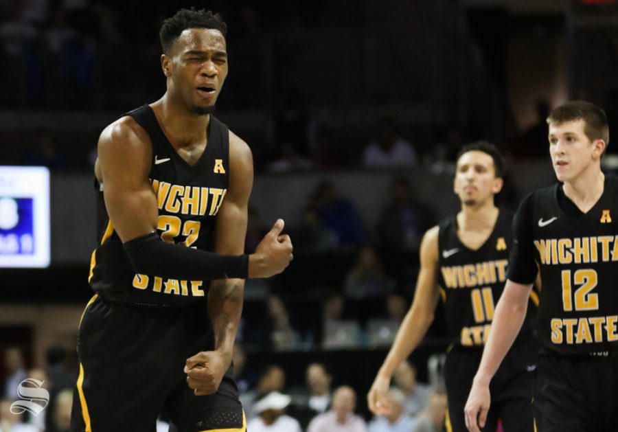 Wichita State forward Markis McDuffie celebrates after scoring during the second half against the Southern Methodist Mustangs at Moody Coliseum.