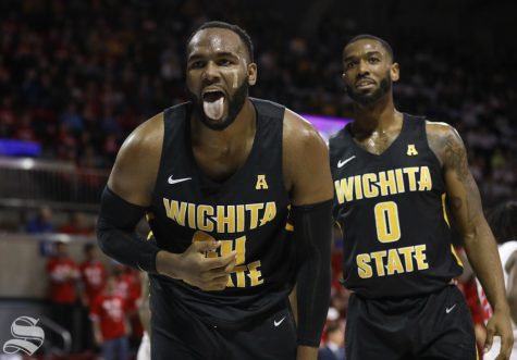 February 24, 2018: Wichita State center Shaquille Morris reacts after colliding with an SMU player Saturday at SMU.