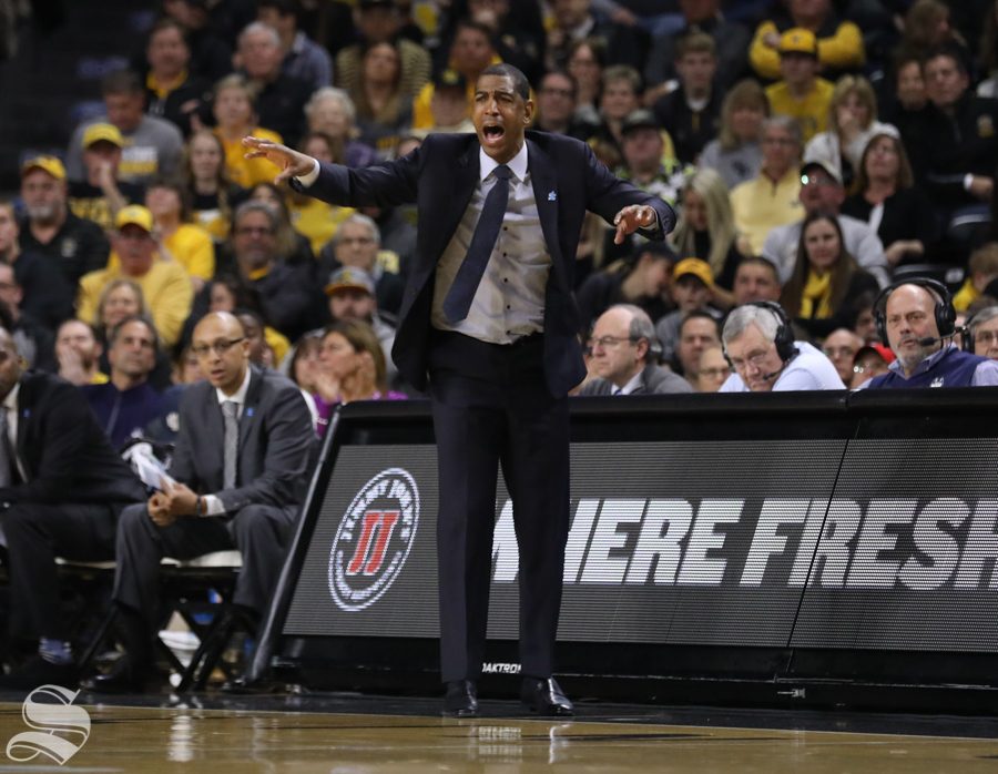 UConn head couch Kevin Ollie yells during the Shockers victory Saturday in Koch Arena.