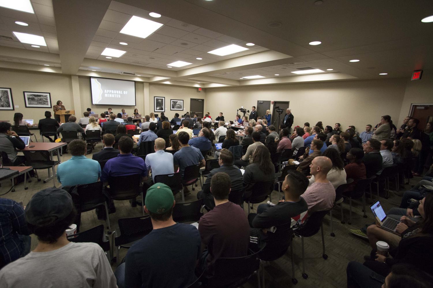 The room SGA meets in every week was full to the brim with people on Wednesday, February 28 due to announcements about student fees hearing.