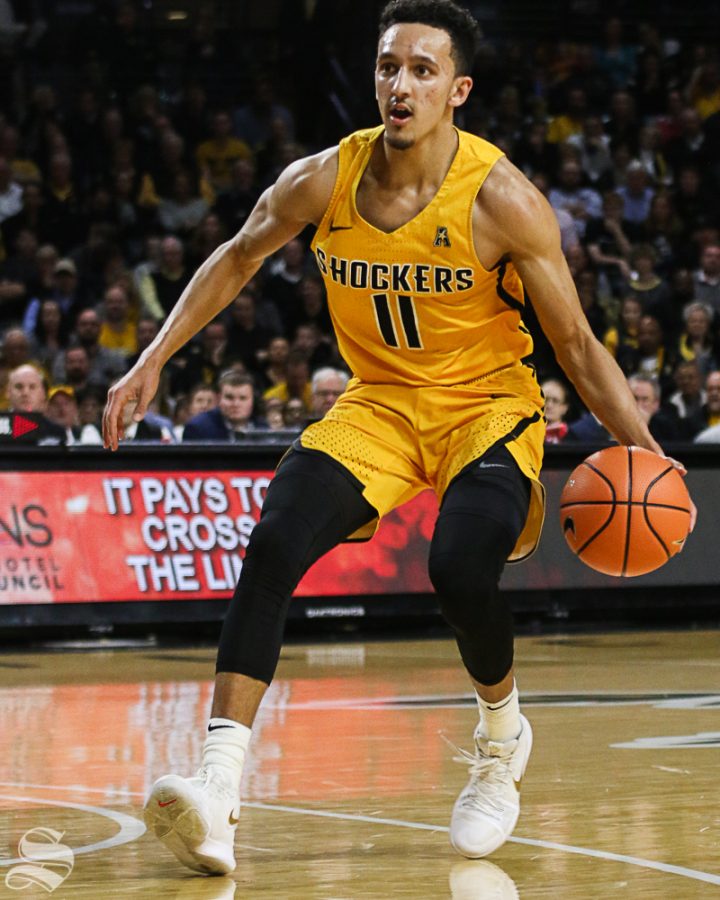 Wichita State guard Landry Shamet dribbles the ball during the first half at Koch Arena.