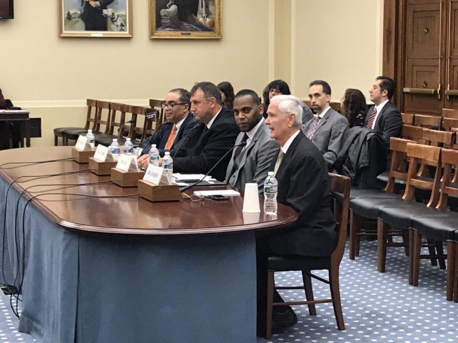 WSU President John Bardo, front, delivers testimony before the U.S. House Research and Technology Subcommittee.