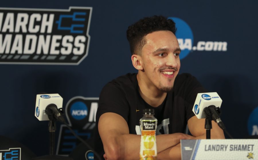 Landry+Shamet+answers+questions+from+the+media+during+the+press+conference%2C+Thursday+March+15%2C+2018%2C+in+San+Diego.