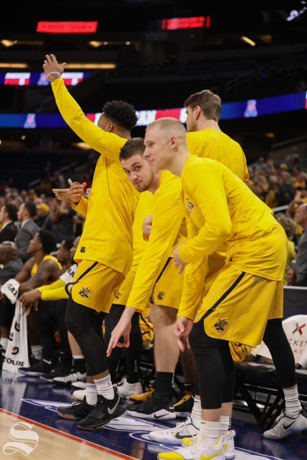 Wichita State center Brett Barney reacts to a play during the American Conference Tournament semifinals against Houston.