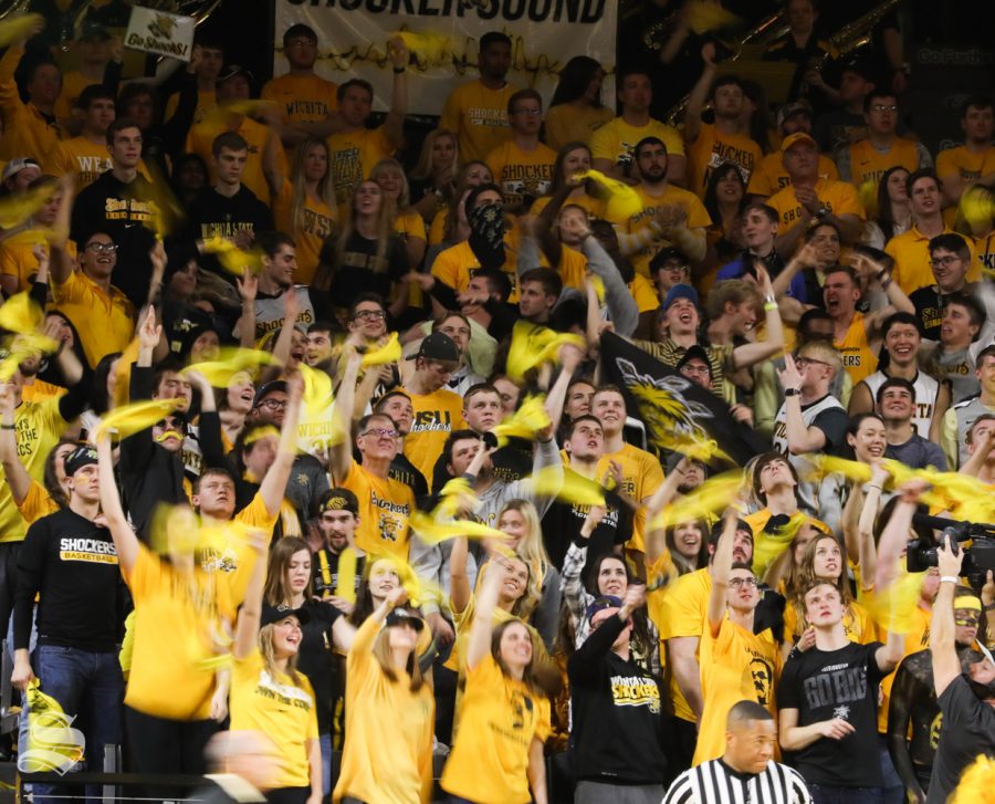 Wichita State Shockers student sections waves their rally towels during a timeout during the game between the Wichita State Shockers and the Cincinnati Bearcats at Koch Arena.