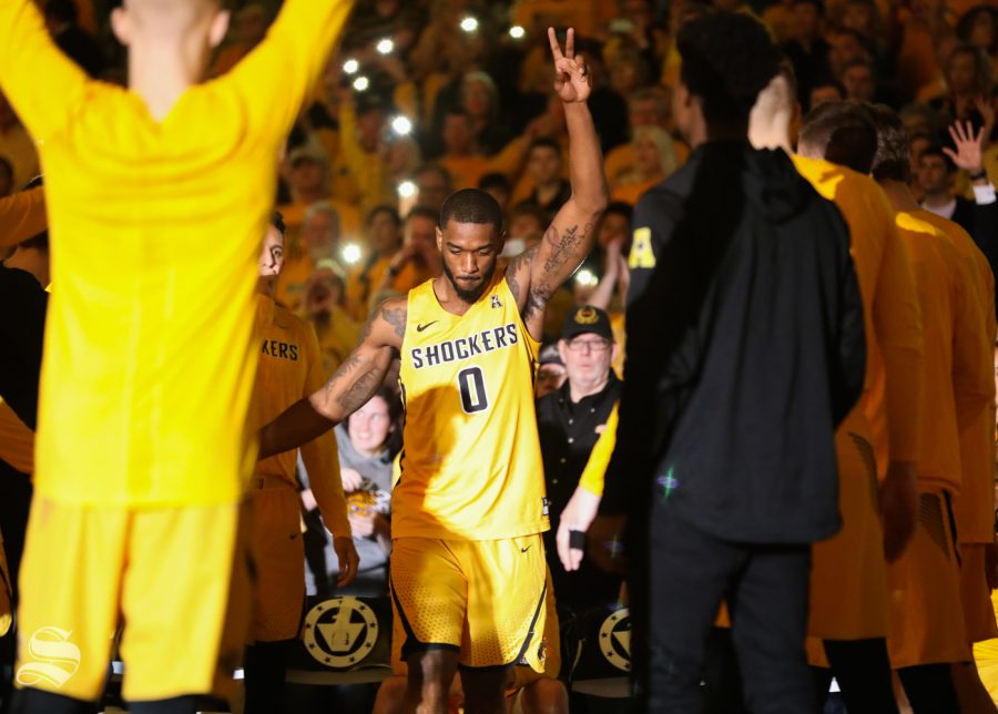 Wichita State forward Rashard Kelly is announced as one of the starting five before the game against the Cincinnati Bearcats at Koch Arena.