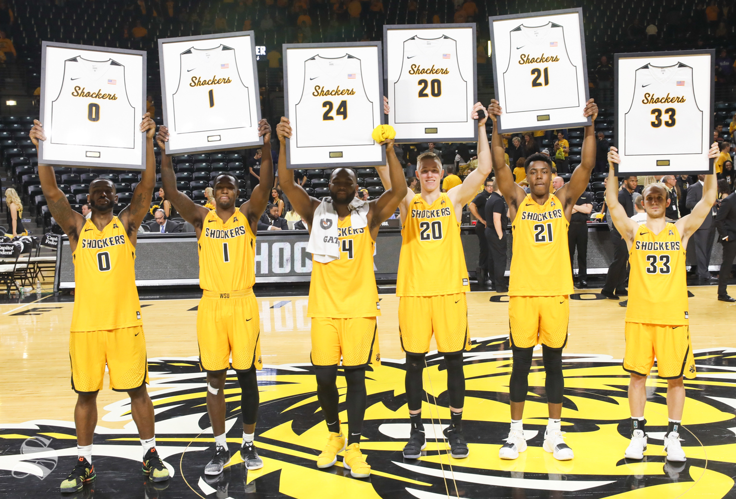 Wichita State's Rashard Kelly, Zach Brown, Shaquille Morris, Rauno Nurger, Darral Willis Jr. and Conner Frankamp at Koch Arena. pose while being honored on senior day at Koch Arena.