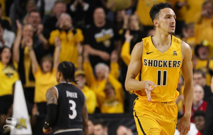 Wichita State guard Landry Shamet celebrating sinking a three point basket during the first half against the Cincinnati Bearcats at Koch Arena. 