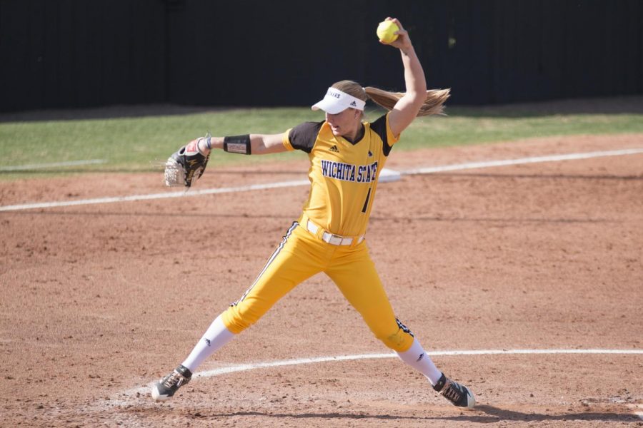 Wichita State junior Bailey Lange winds up a pitch during the game against Missouri State Saturday afternoon.