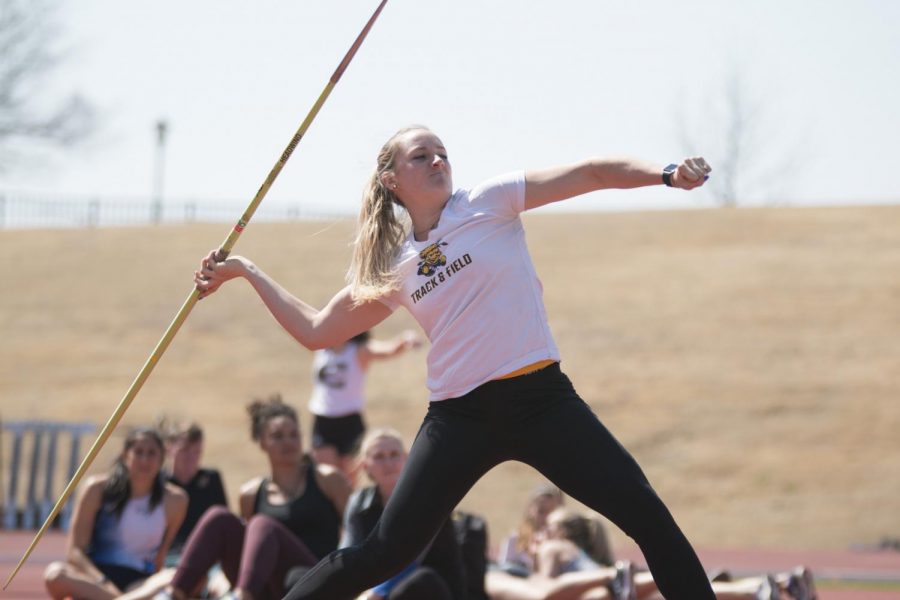 Wichita States Carlea Miles throws in the javelin event Thursday afternoon.