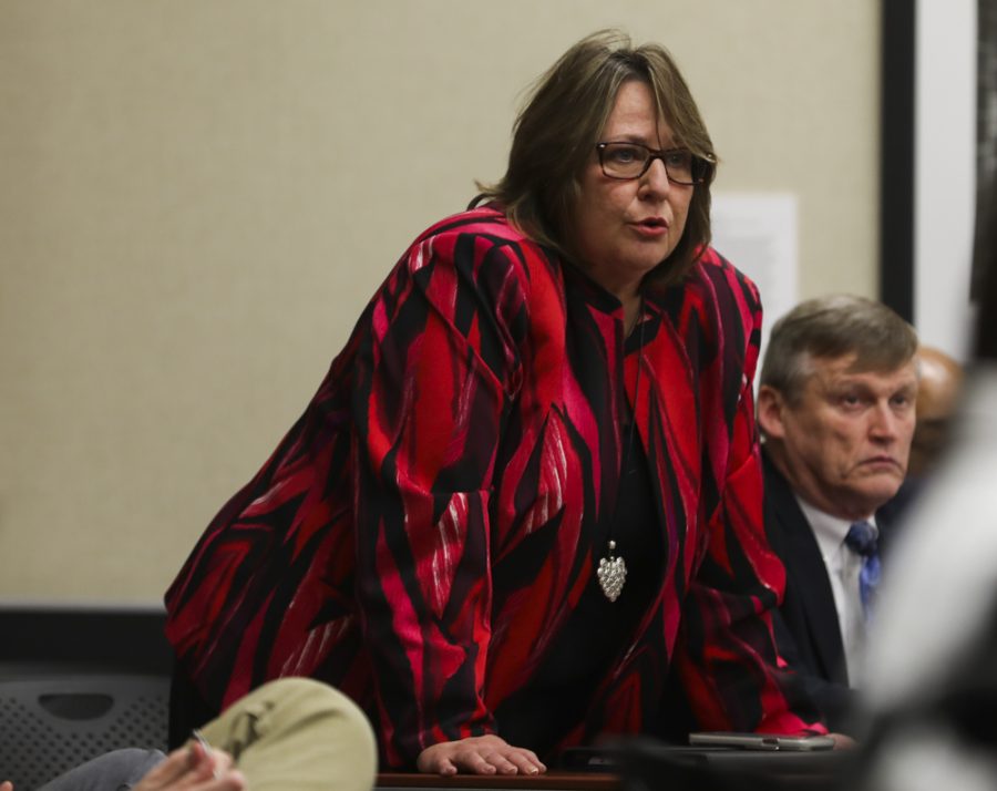 Vice President of Student Affairs Teri Hall answers questions during the March 28, 2018 Student Senate meeting.