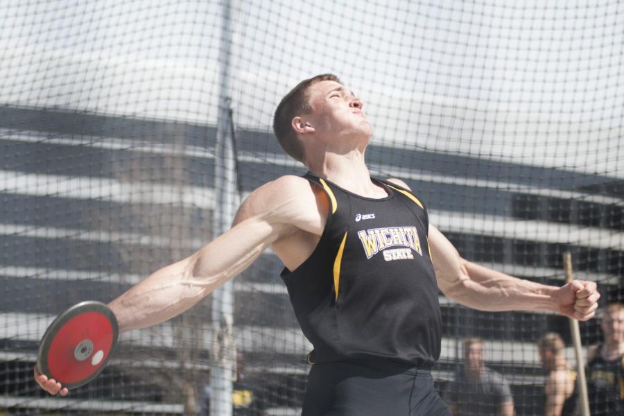 April 11, 2018: Wichita States Jake Horsch throws discus on Wednesday, the second day of the K.T. Woodman Classic at Cessna Stadium. 