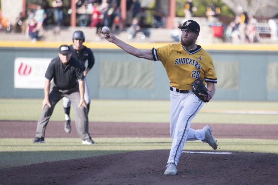 Wichita State sophomore Preston Snavely pitches against Central Arkansas Tuesday evening at Eck Stadium. 