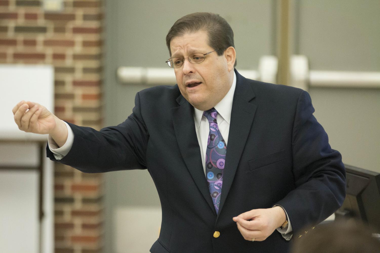 Orlando Perez speaks in a public forum Monday afternoon in Hubbard Hall. Perez is a dean candidate for LAS.