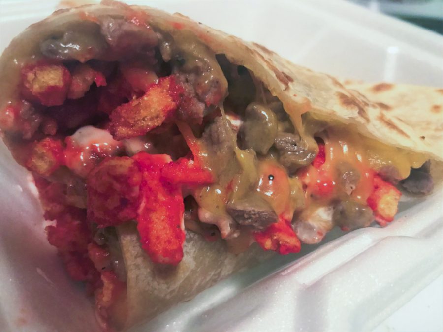 The Hot Cheetos Quesadilla at Alejandros is a stupendously large offering of steak filled tortilla accented with Monterey Jack cheese sauce, Pico de Gallo and cilantro. Its menu price is $6.50.