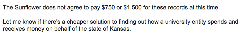 This is a screen capture of part of The Sunflowers response to Wichita State charging $1,500 for financial records of a nonprofit managing Innovation Campus. 