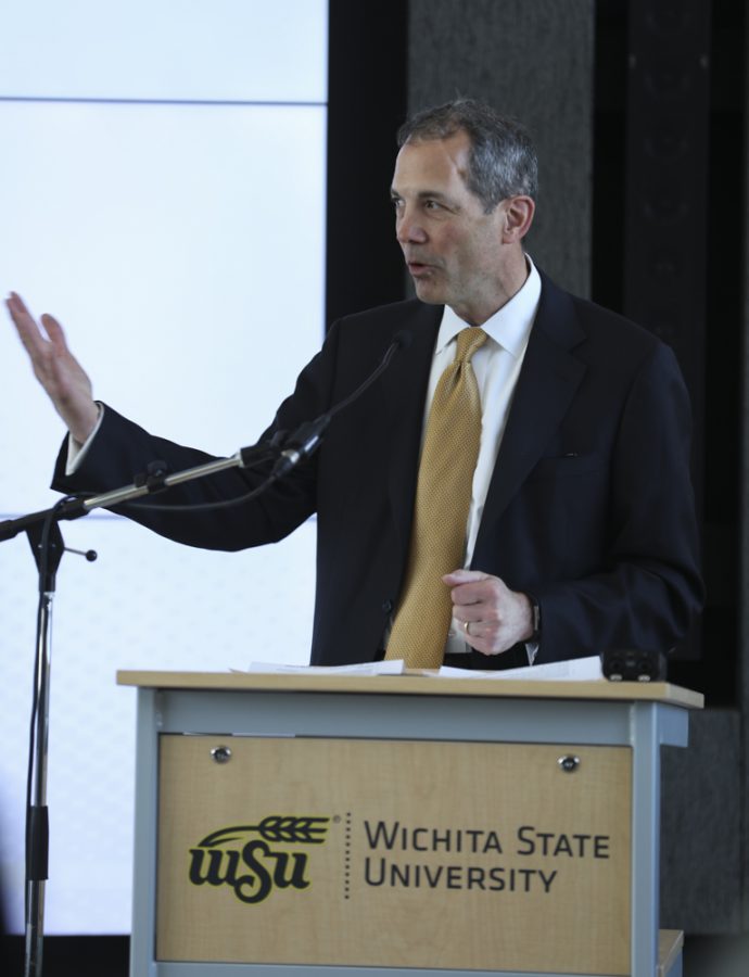 President and CEO of Spirit AeroSystems Tom Gentile speaks during an event announcing a partnership building with Spirit AeroSystems  and Wichita State University.