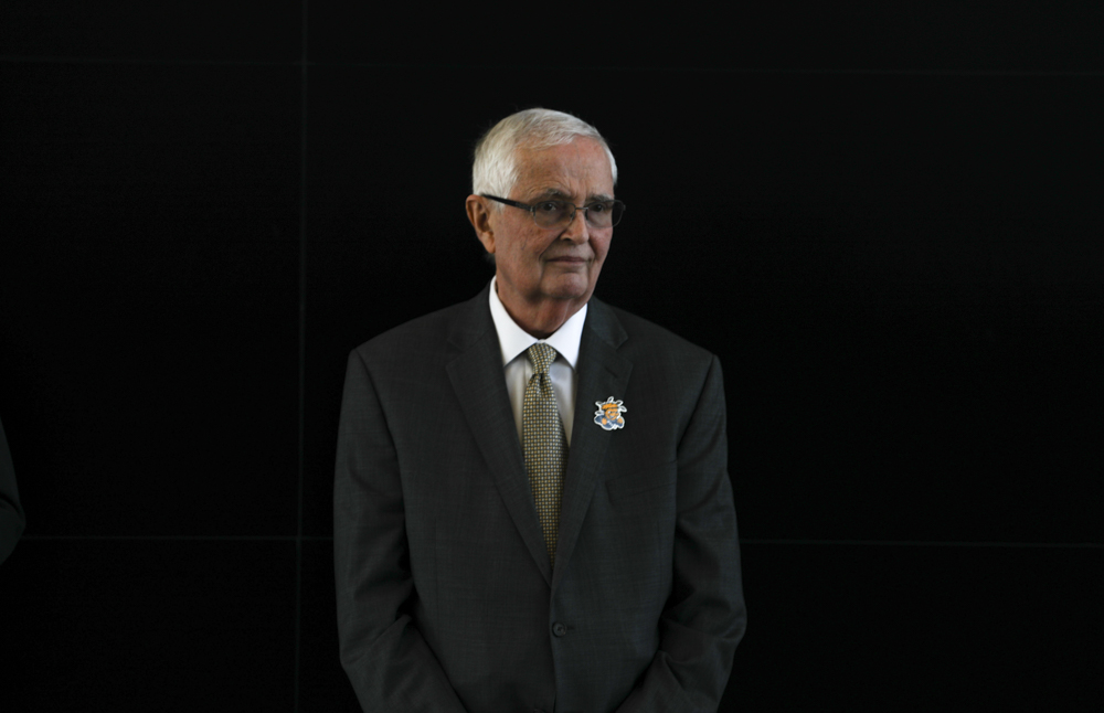 Wichita State President John Bardo listens as Tom Gentile, Spirit AeroSystems president and CEO speaks during an event announcing a partnership building with Spirit AeroSystems and Wichita State University.