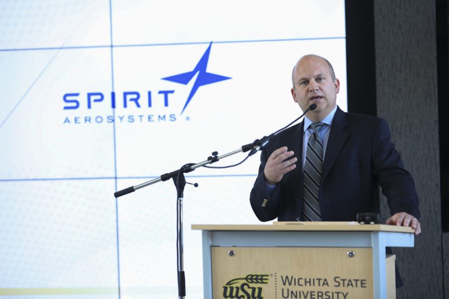 John+Tomblin%2C+vice+president+for+research+and+technology+transfer%2C+speaks+during+an+event+announcing+a+partnership+building+with+Spirit+AeroSystems+and+Wichita+State+University.