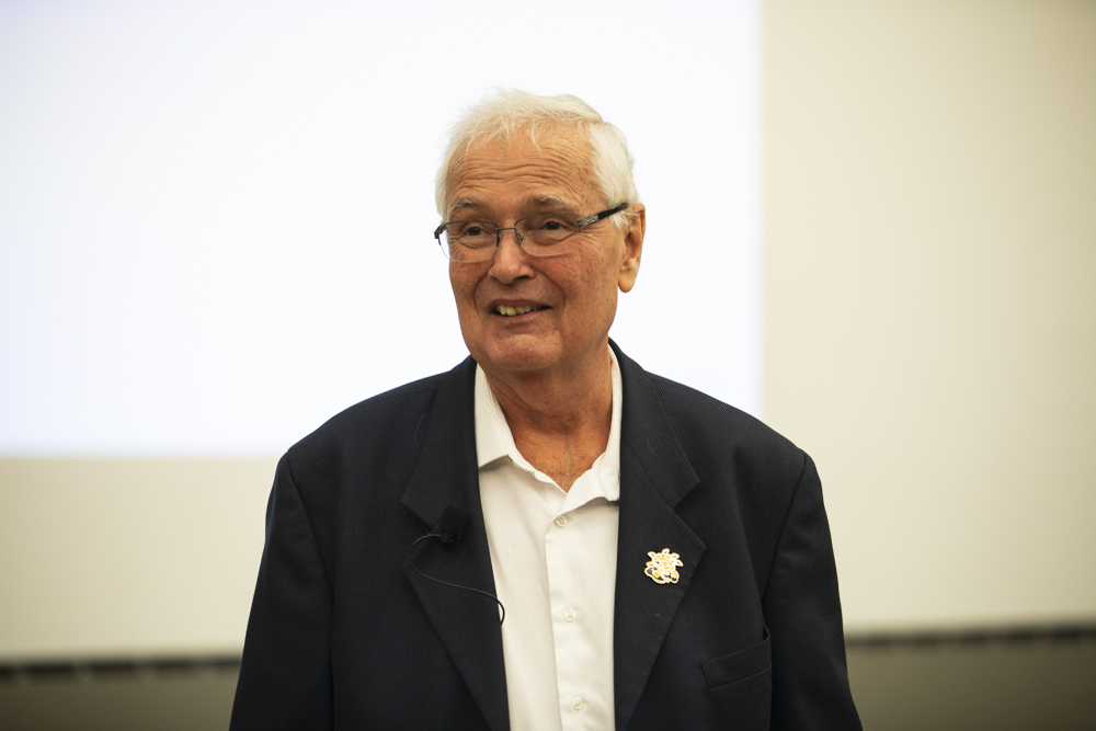 President John Bardo talks about the state of the university and the direction it is headed in during an Unclassified Professional Senate meeting in Hubbard Hall.