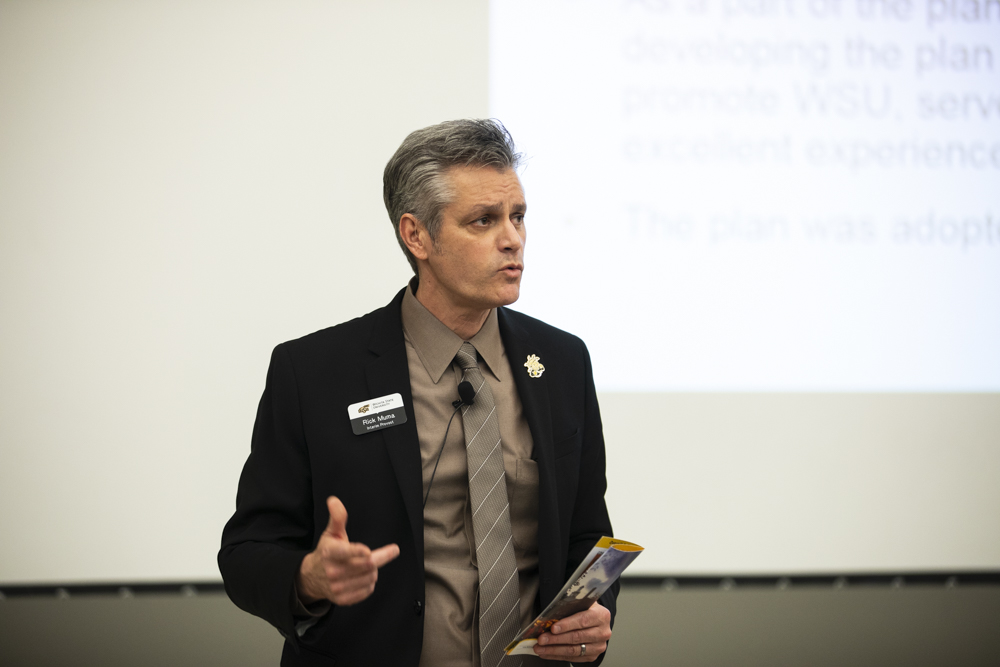 Provost Rick Muma talks about the goals for enrollment during an Unclassified Professional Senate meeting in Hubbard Hall.