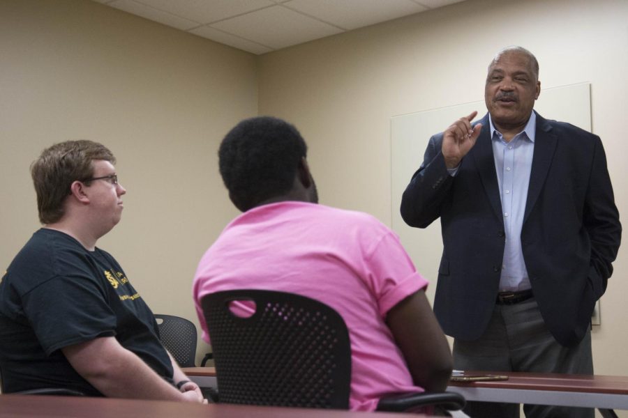 Carl Brewer, former mayor of Wichita, speaks to Wichita State students Thursday, April 26, 2018.