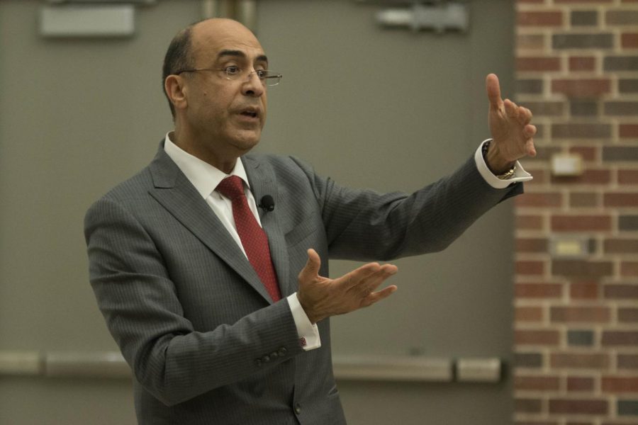Provost and Chief Academic Officer candidate Dr. Hesham El-Rewini answers questions during public forum held in Hubbard Hall Wednesday afternoon. 