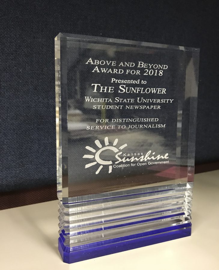 The Above and Beyond Award for 2018 given by the Sunshine Coalition for Open Goverment to The Sunflower for its investigative work over the past year. 