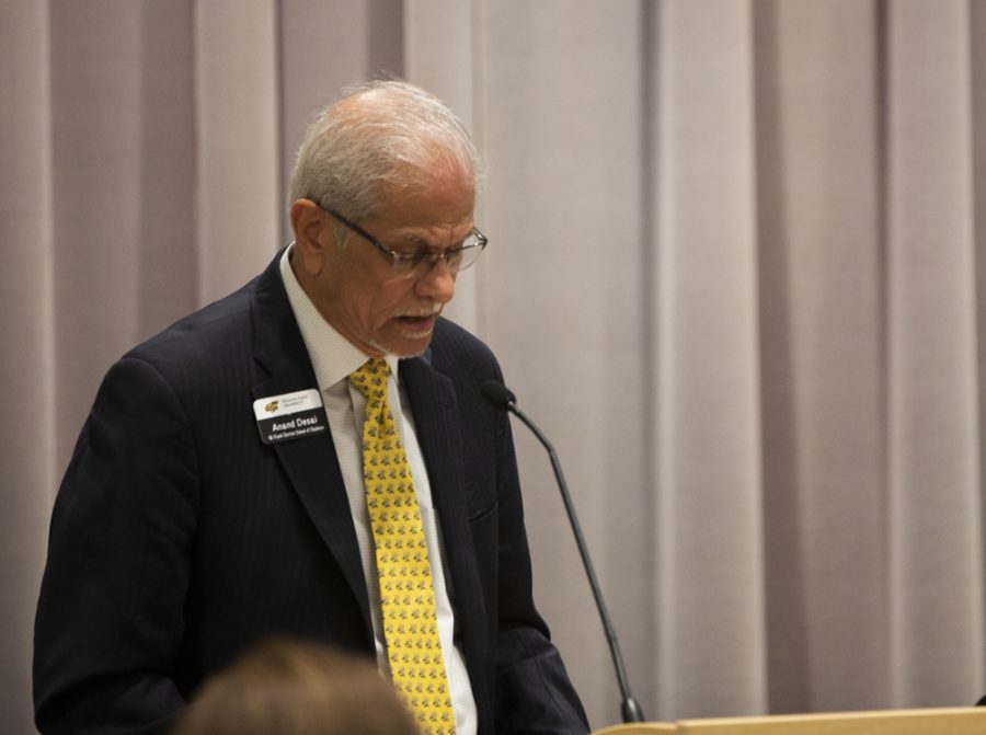 Dean of the W. Frank Barton School of Business Anand Desai talks about what the new building means to the School of Business during a press conference announcing the single largest cash donation to the university.