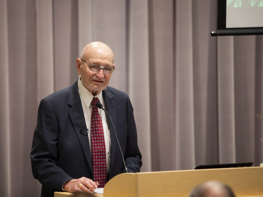 Wayne Woolsey speaks to those in attendance for the announcement of the single largest cash gift to the university. the gift will be used to build a new Wayne and Kay Woolsey Hall, which will house the Barton School of Business.