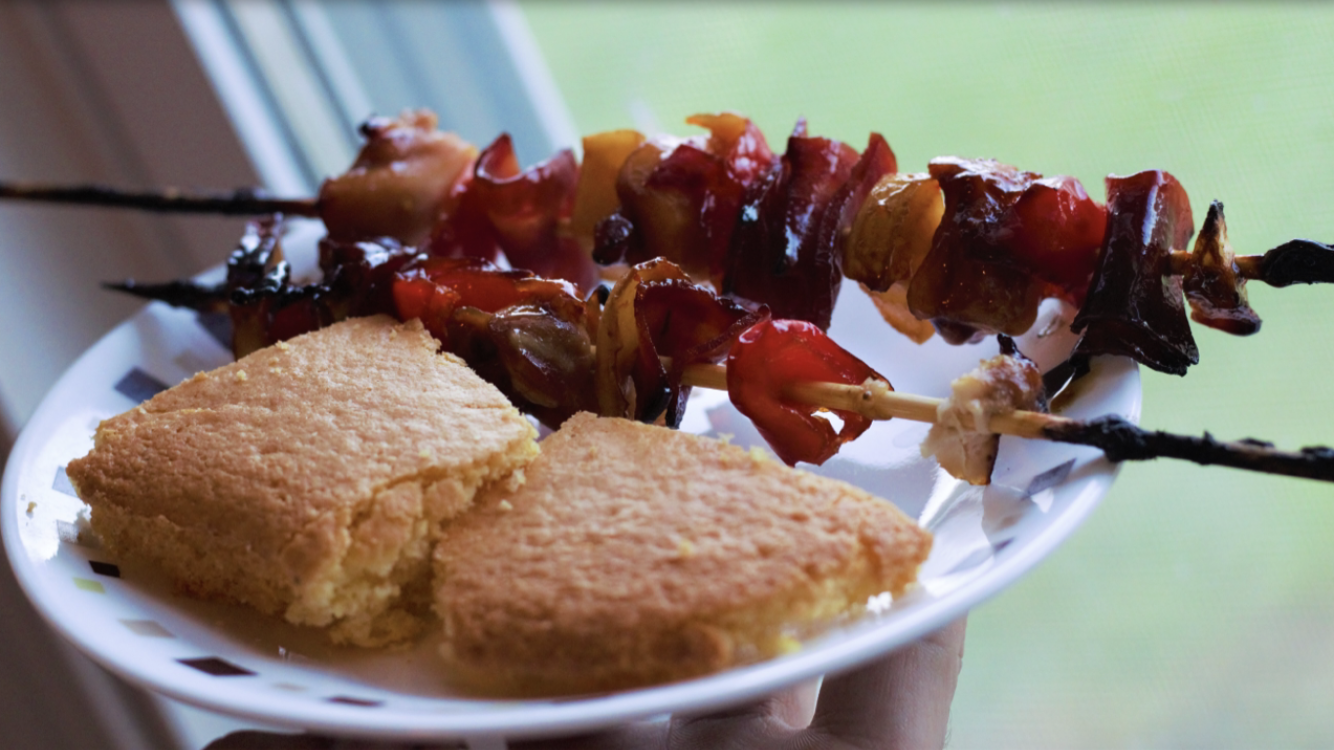 Served alongside cornbread or rice, the yaki-chicken and bacon skewers make a fitting summer afternoon lunch or early dinner.