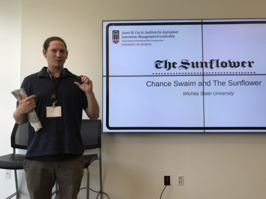 Former Sunflower editor in chief Chance Swaim addresses journalists at the Management Seminar for College News Editors Conference in Athens, Georgia, Monday.