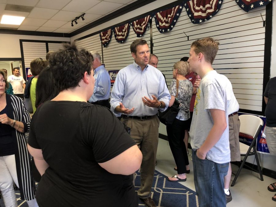 Secretary of State Kris Kobach speaks to supporters at his Wichita campaign headquarters. (August 5, 2018 file photo)