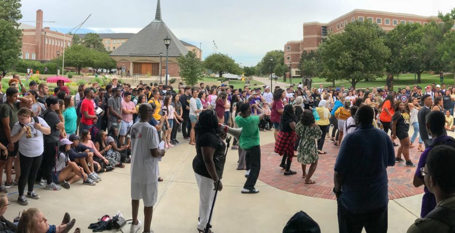 Multicultural Greek Council performs step shows at the event Shock the Yard at Rhatigan Student Center north patio on Thursday, Aug. 30, 2018.