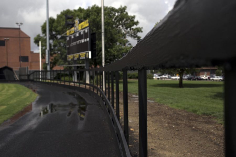 Wilkins Stadium awaits new safety pads before the new fence can be completed.