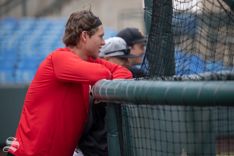 Alec Bohm, drafted 3rd overall by the Philadelphia Phillies in the 2018 MLB Draft, watches WSU Baseball practice at Eck Stadium on Sep. 8, 2018. Bohm is seen next to Assistant Coach Sammy Esposito and Volunteer Assitant Coach Willie Schwanke.