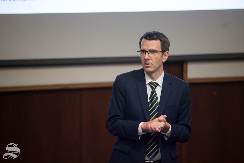 Dennis Livesay speaks to faculty and staff at an open forum in September. Livesay is currently the dean of the Graduate School, associate vice president for Research and Technology and a professor at Wichita State University.