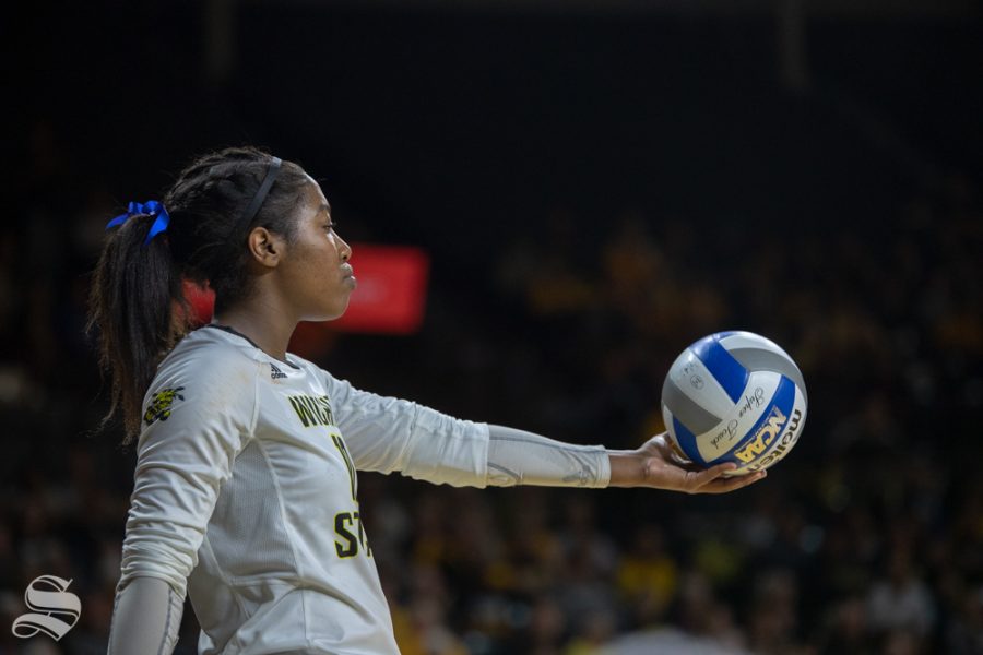 Wichita State's Tabitha Brown stares at the ball before serving during their game against Tulane on Friday evening at Koch Arena. (Sept. 21, 2018)