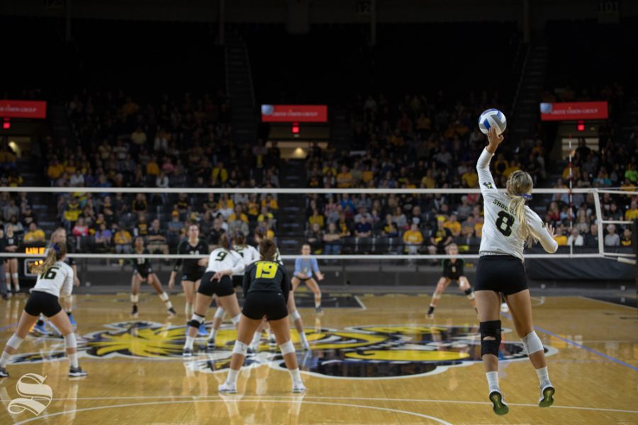 Wichita States Kali Eaken serves to tulane during their game on Friday evening at Koch Arena. (Sept. 21, 2018)