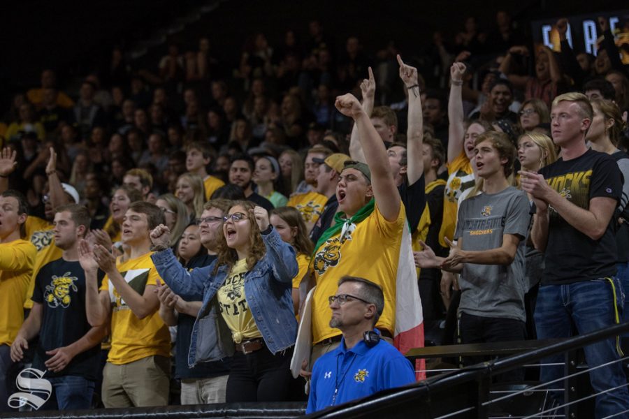 Fans+cheer+on+the+Shockers+after+winning+a+point+on+Friday+evening+at+Koch+Arena.+%28Sept.+21%2C+2018%29